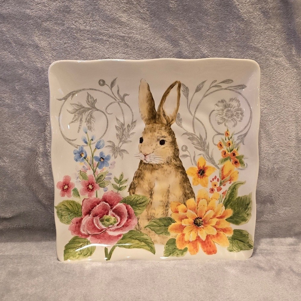Maxcera Easter Bunny Rabbit Floral Square Scalloped Ceramic Plate Handcrafted